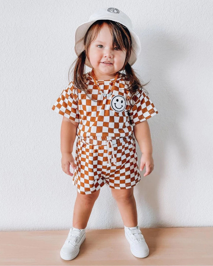 Checkered Smiley Set, Rust Brown - Baby & Toddler Clothing - LUCKY PANDA KIDS