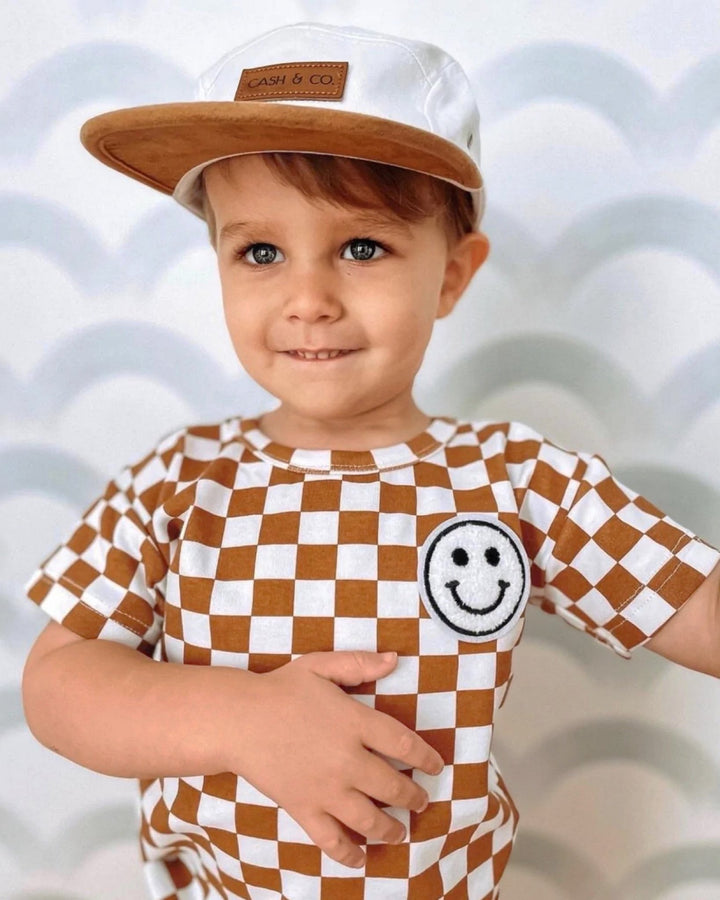 Checkered Smiley Set | Rust Brown - Shorts Set - LUCKY PANDA KIDS
