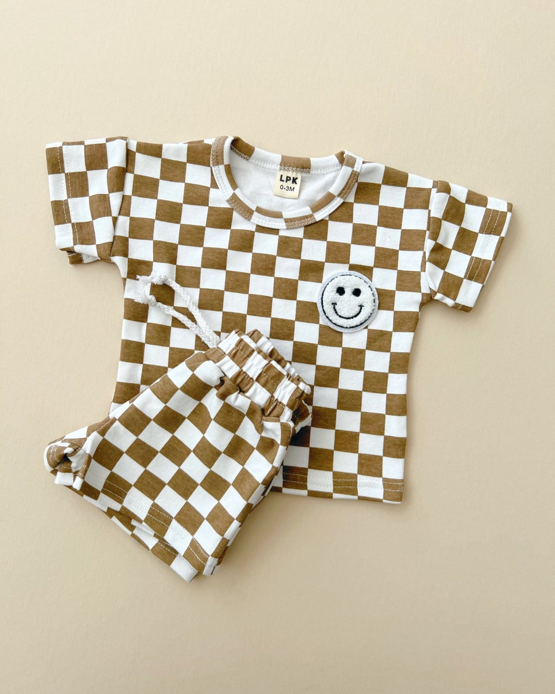 Checkered Smiley Set, Taupe - Baby & Toddler Outfits - LUCKY PANDA KIDS