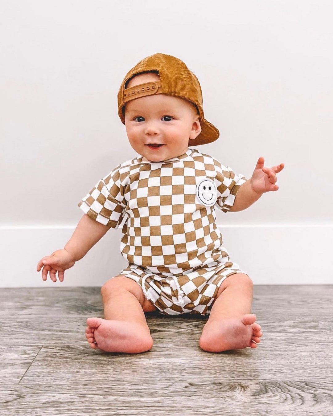 Checkered Smiley Set, Taupe - Baby & Toddler Outfits - LUCKY PANDA KIDS