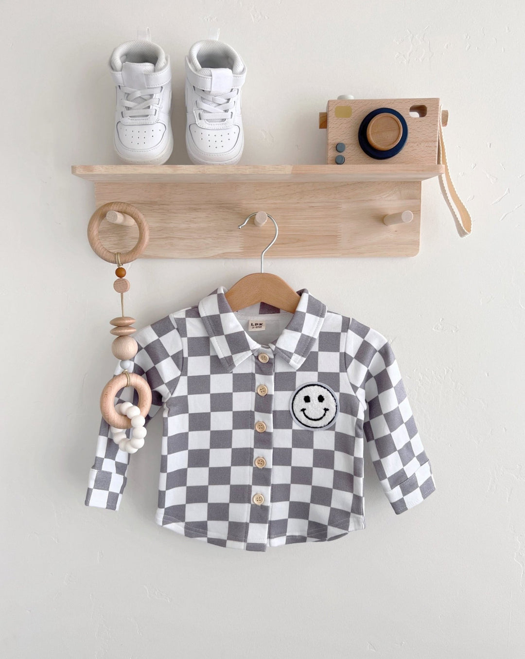 Checkered Smiley Shacket, Slate - Baby & Toddler Clothing - LUCKY PANDA KIDS