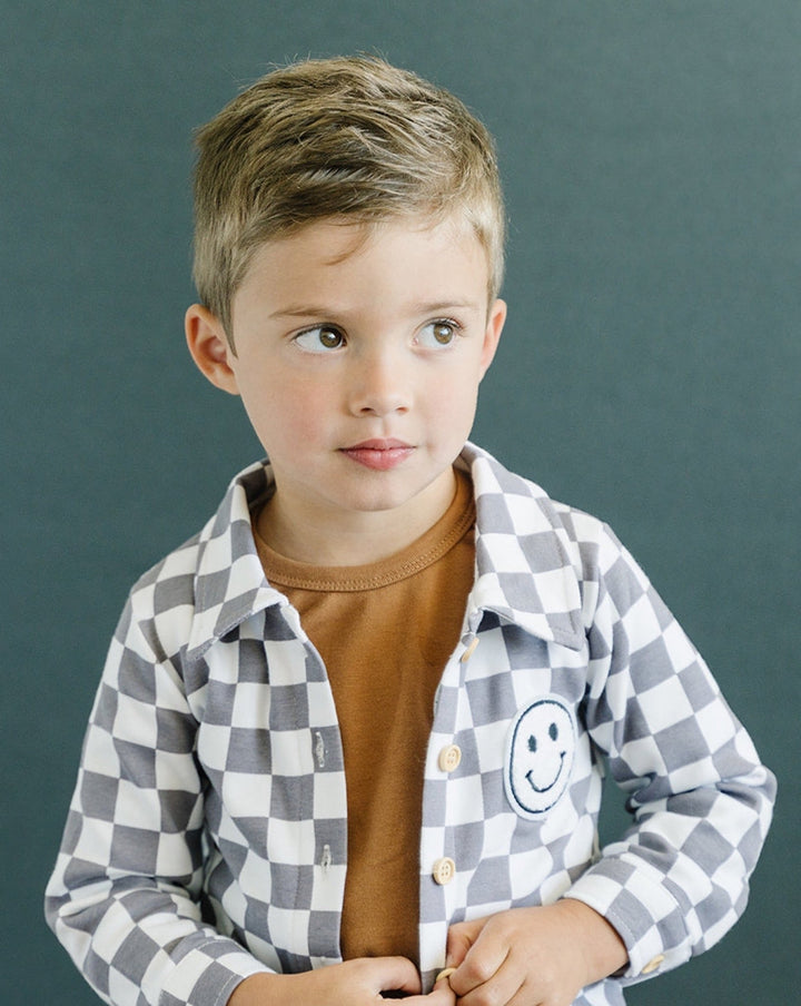 Checkered Smiley Shacket, Slate - Baby & Toddler Clothing - LUCKY PANDA KIDS