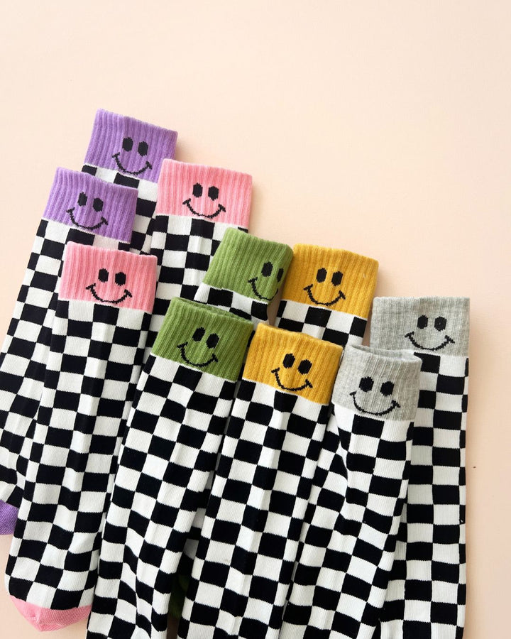 Checkered Smiley Socks, Green - Socks - LUCKY PANDA KIDS