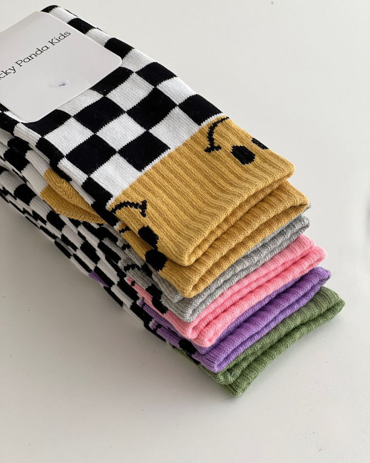 Checkered Smiley Socks, Green - Socks - LUCKY PANDA KIDS