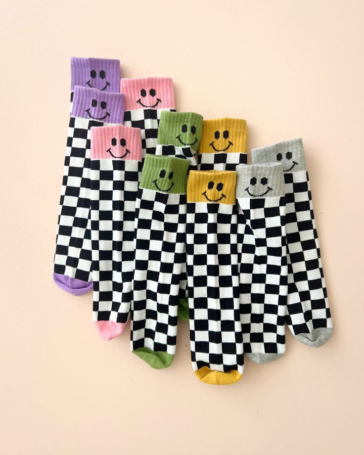 Checkered Smiley Socks | Pink - Socks - LUCKY PANDA KIDS