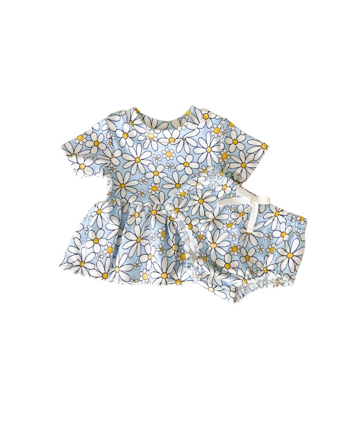 Cotton Peplum Set | Blue Daisy - Shorts Set - LUCKY PANDA KIDS