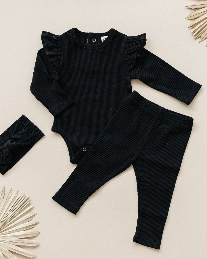 Flutter Sleeve Baby Bodysuit | Black - Onesie - LUCKY PANDA KIDS