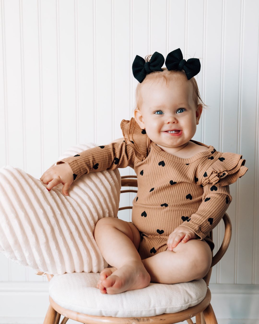 Hearts Flutter Sleeve Romper | Camel - Romper - LUCKY PANDA KIDS