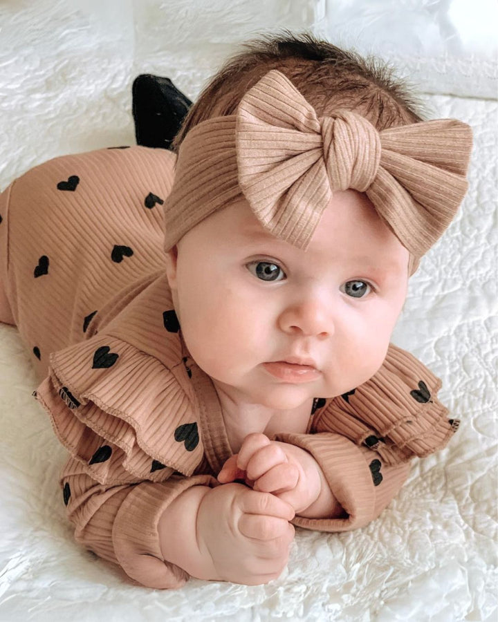 Hearts Flutter Sleeve Romper | Camel - Romper - LUCKY PANDA KIDS