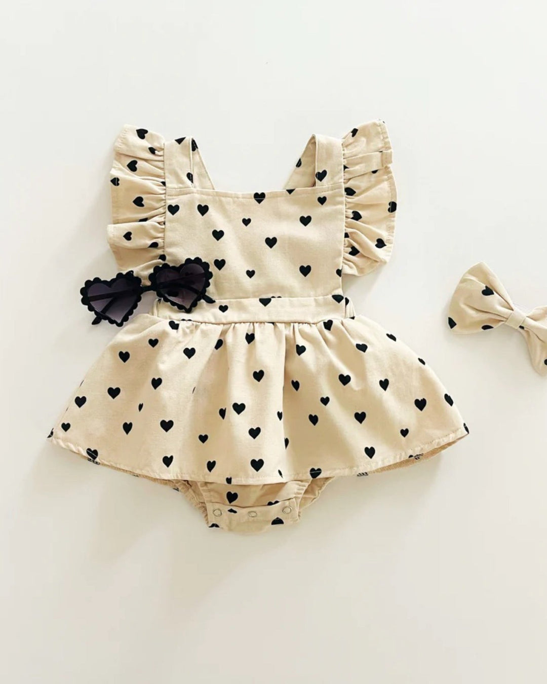Hearts Peplum Romper Set, Oat - Baby & Toddler Clothing - LUCKY PANDA KIDS