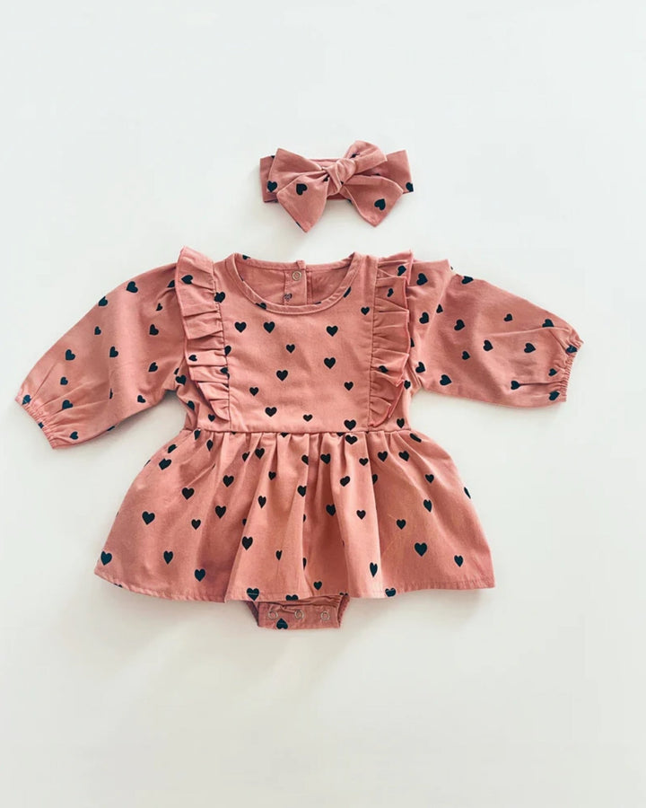 Hearts Peplum Romper Set, Rose Pink - Baby & Toddler Outfits - LUCKY PANDA KIDS