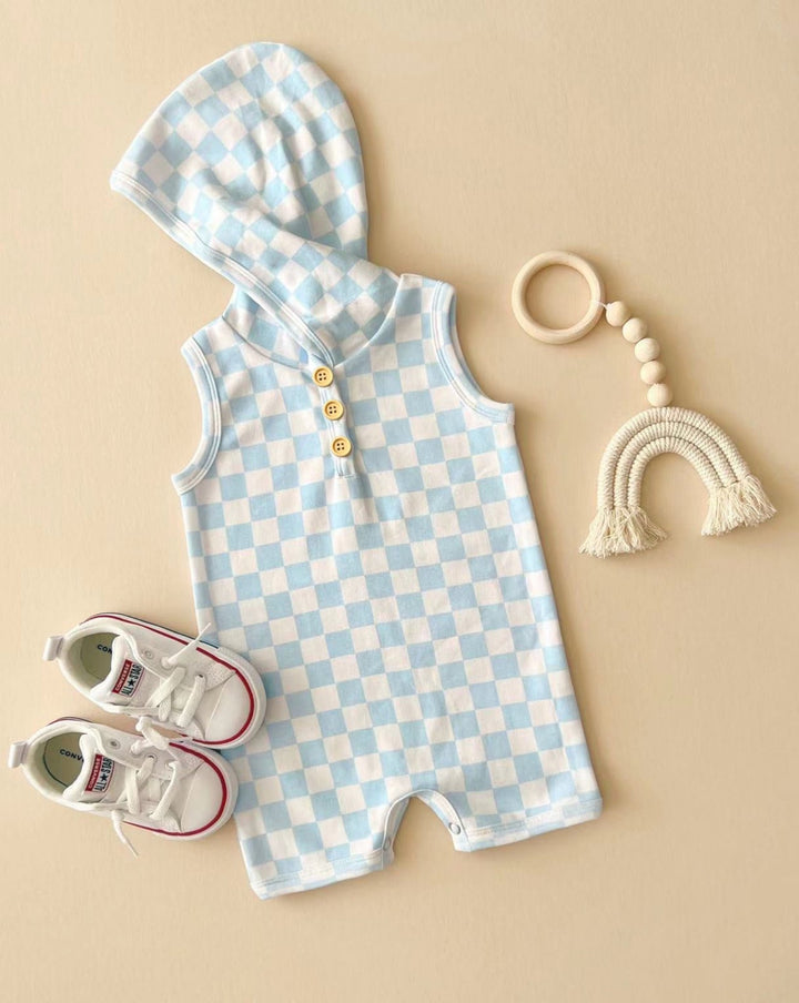 Hooded Shorty Romper, Blue Checkers - Baby & Toddler Clothing - LUCKY PANDA KIDS