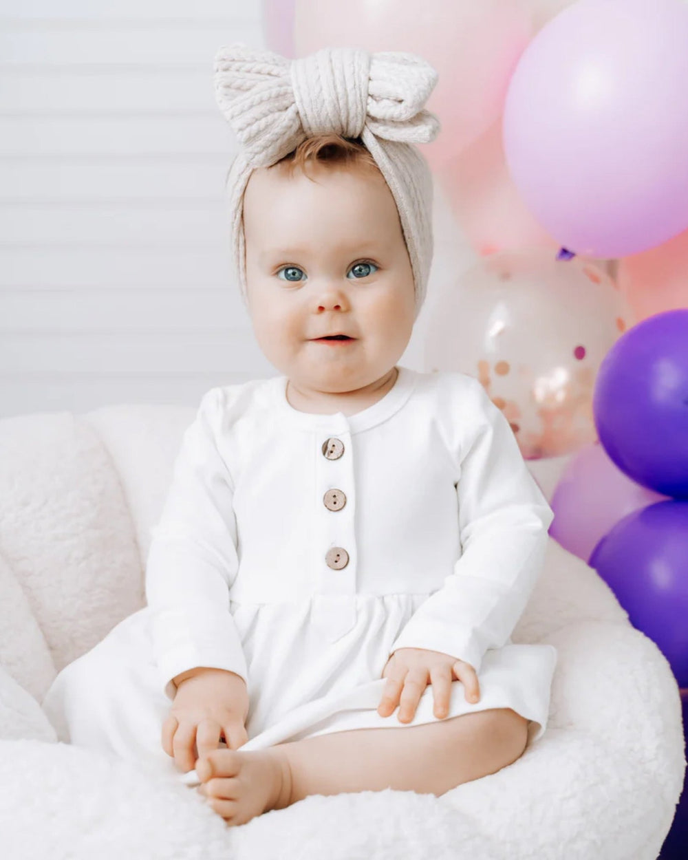 Long Sleeve Button Dress, Milk - BABY GIRL CLOTHES - LUCKY PANDA KIDS