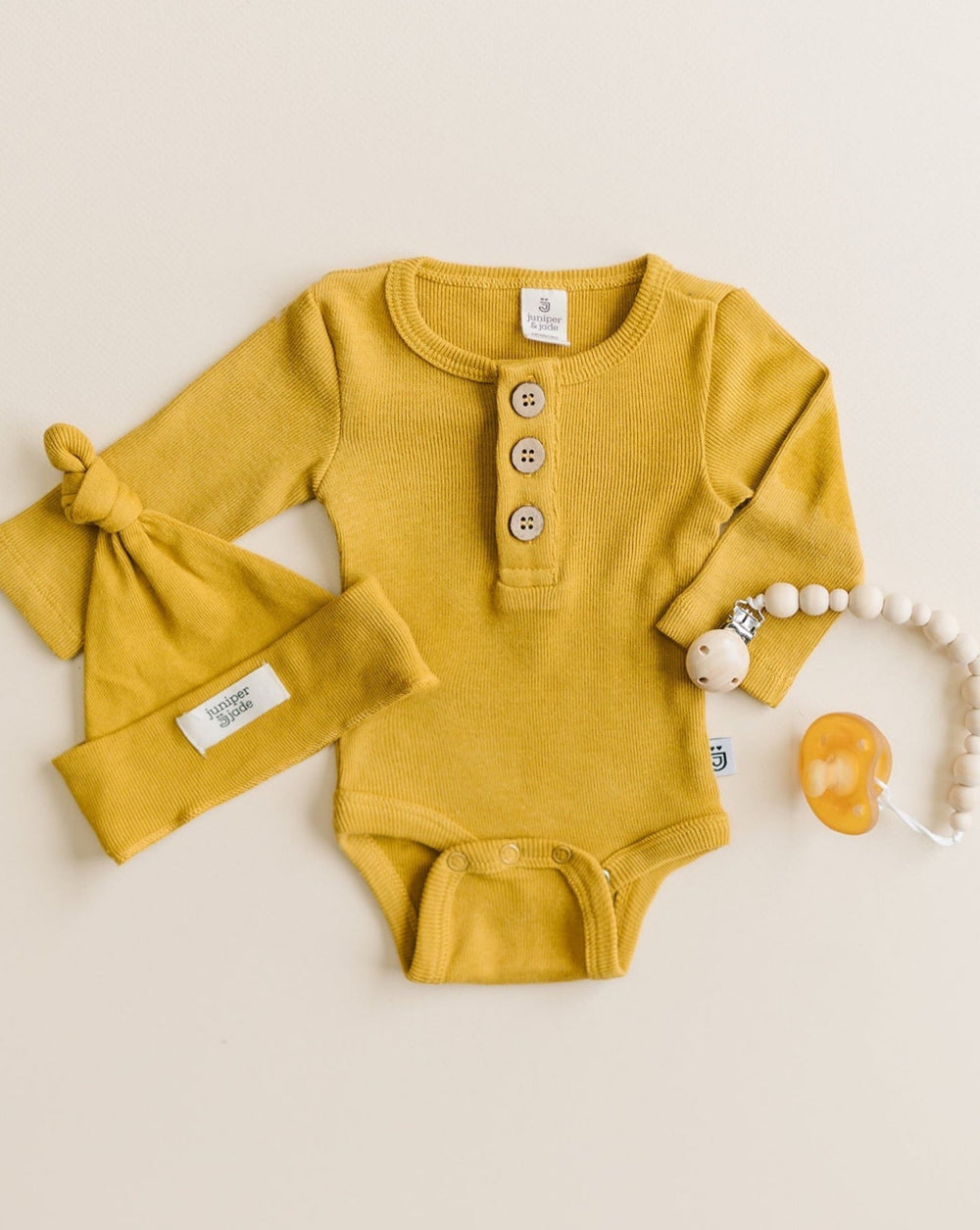 Organic 3 Button Bodysuit, Mustard - Baby & Toddler Clothing - LUCKY PANDA KIDS