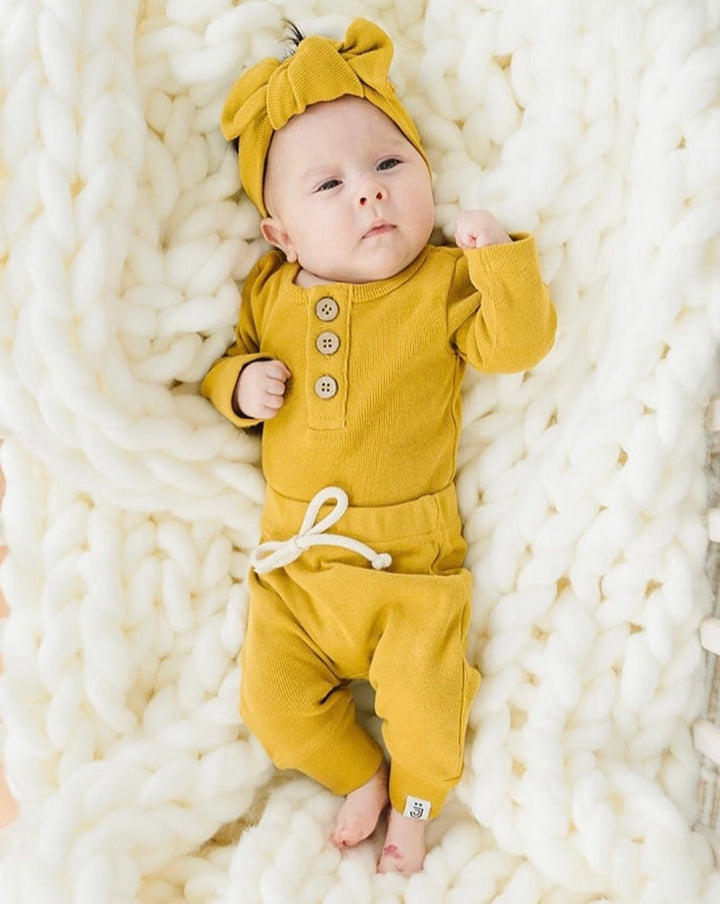 Organic 3 Button Bodysuit, Mustard - Baby & Toddler Clothing - LUCKY PANDA KIDS
