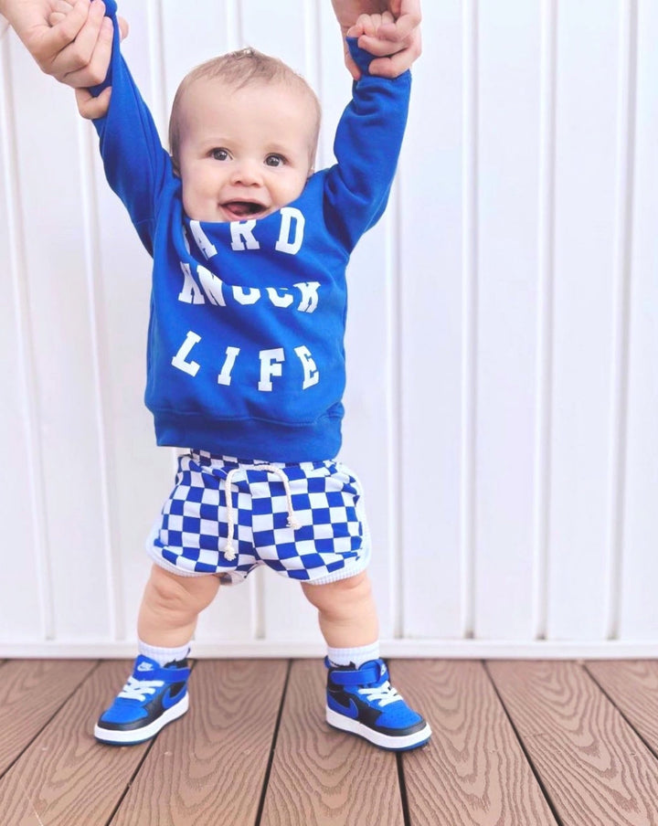 Retro Checkered Shorts, Dark Blue - Baby & Toddler Clothing - LUCKY PANDA KIDS