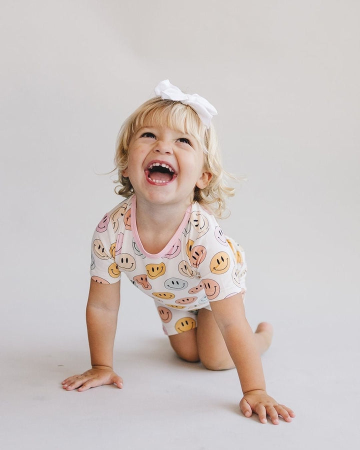 Smiley Bamboo Two Piece Shorts Set | Pink - Romper - LUCKY PANDA KIDS