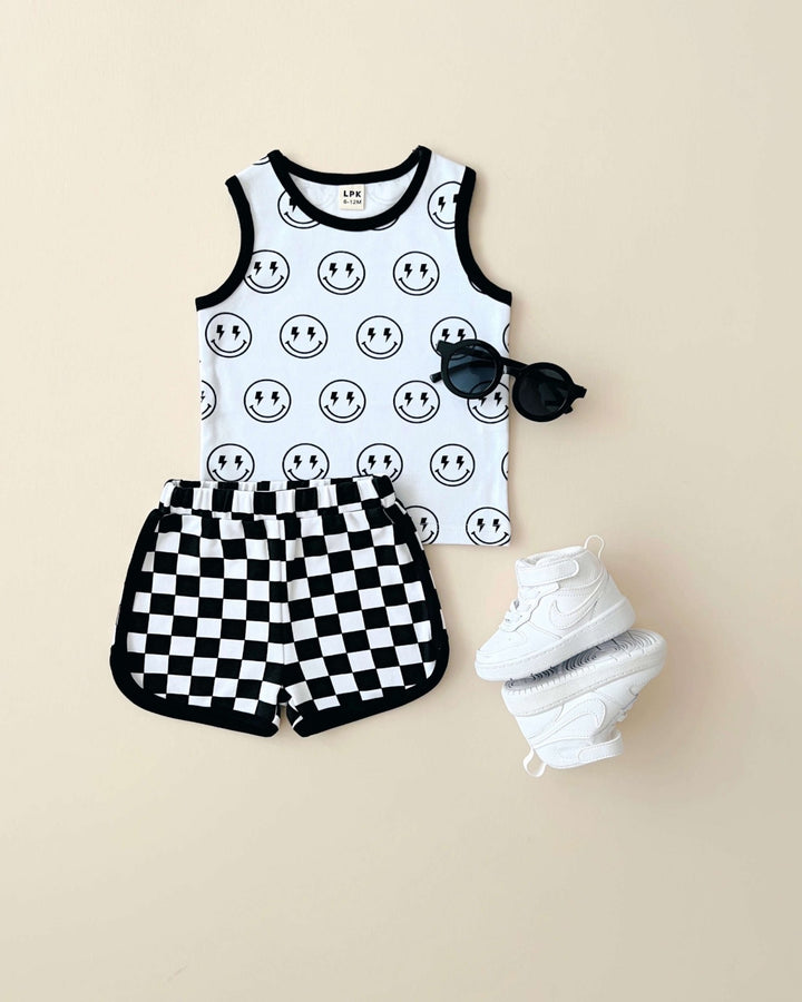 Tank & Shorts Set | Checkered Smiley - Shorts Set - LUCKY PANDA KIDS